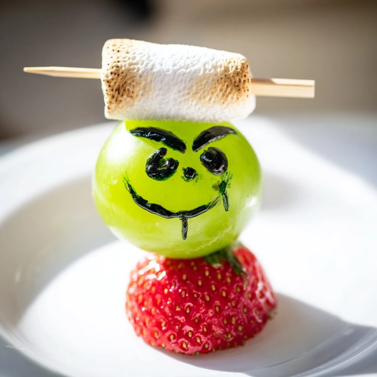 Festive Grinch Snack: a vibrant close-up of a whimsical Grinch face snack made of fresh grapes.