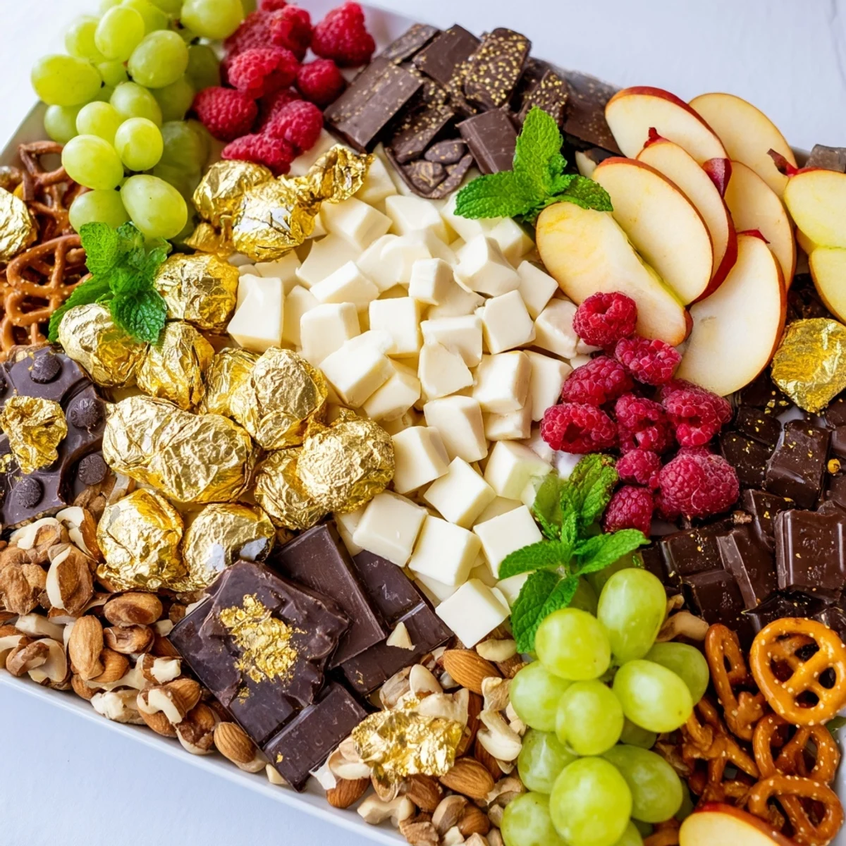 A beautiful New Year's chocolate board laden with sparkling gold-wrapped chocolates and fresh fruit.