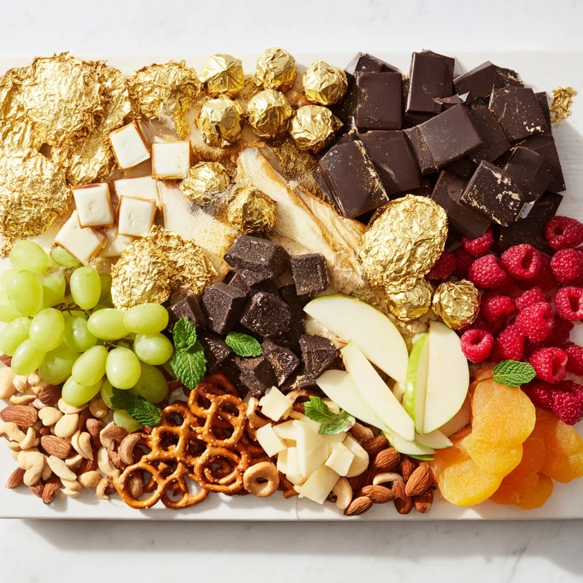 Deliciously arranged New Years Gold Foil Wrapped Chocolate Board, a festive dessert for New Year's Eve gatherings.