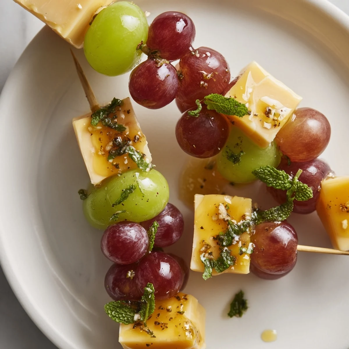 Golden honey glistening over refreshing Sparkling Grape and Cheese Skewers, a delightful appetizer.
