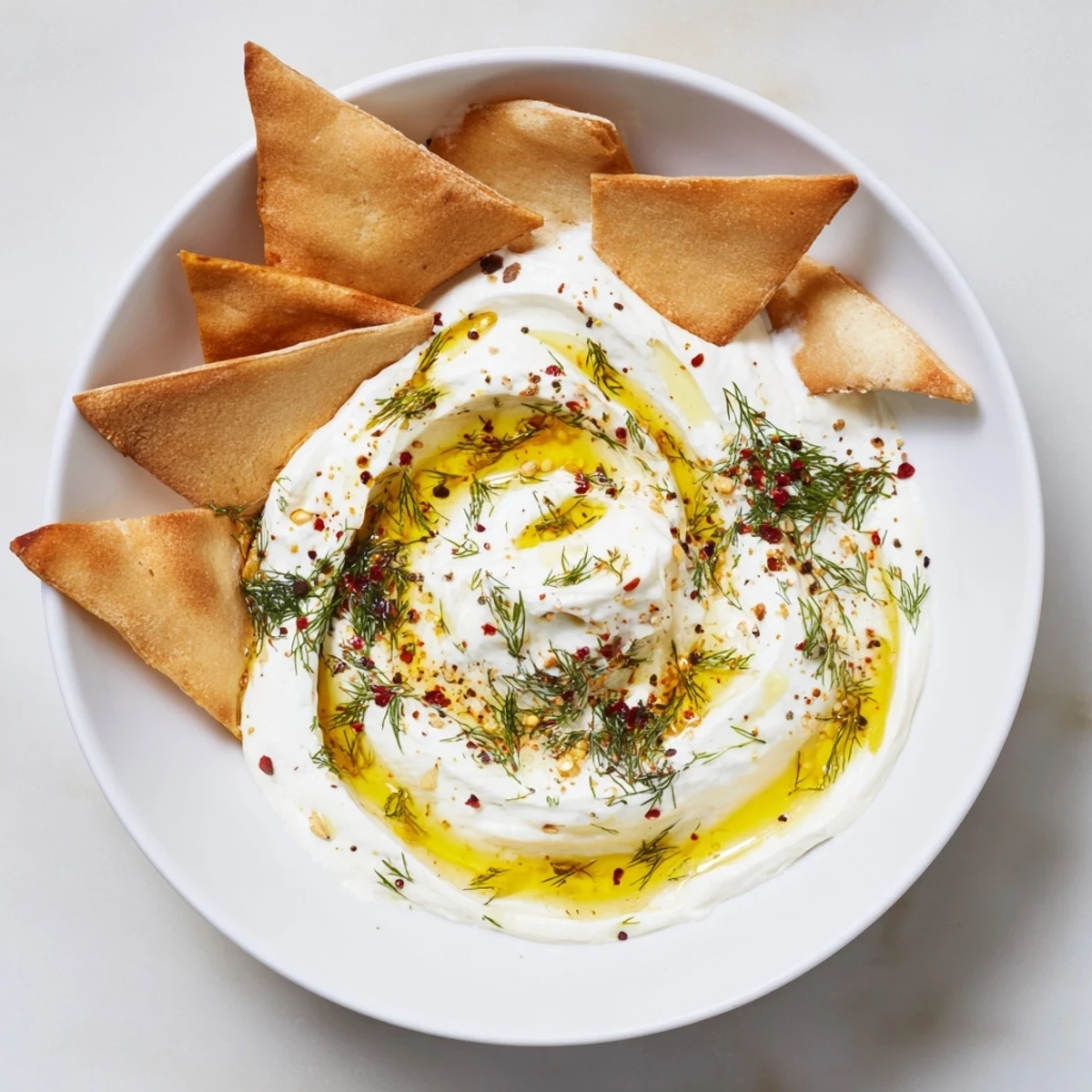 Smooth, creamy Angel Wings Whipped Feta Dip, drizzled with honey, ready for dipping pita chips.