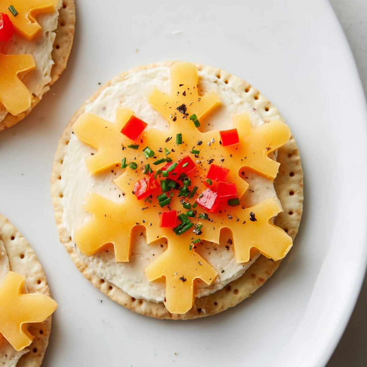 Holiday-ready cracker and cheese snowflakes, featuring fresh herbs and pepper, offer a flavorful bite.
