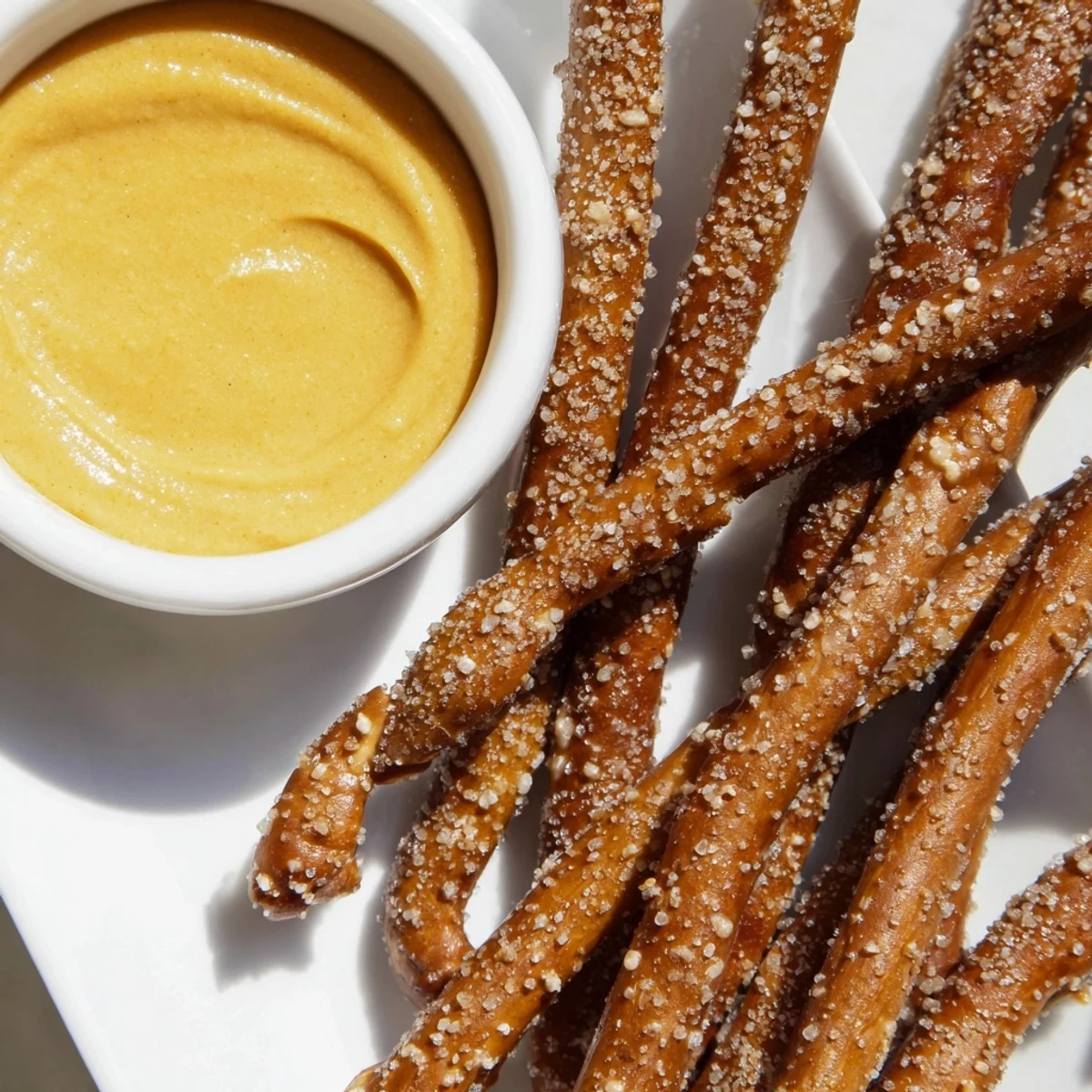 Crispy golden pretzel rods beside a small bowl of spicy, homemade hot mustard dip for dipping.