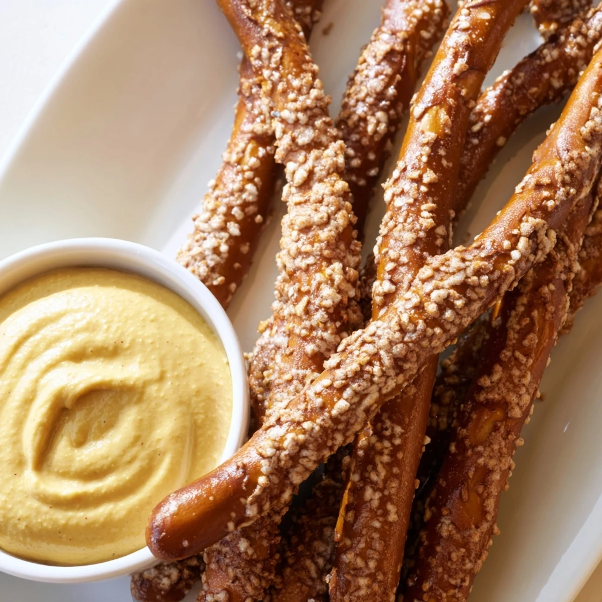 A close up shows the delicious hot mustard dip with perfectly salty pretzel rods, ready to enjoy.