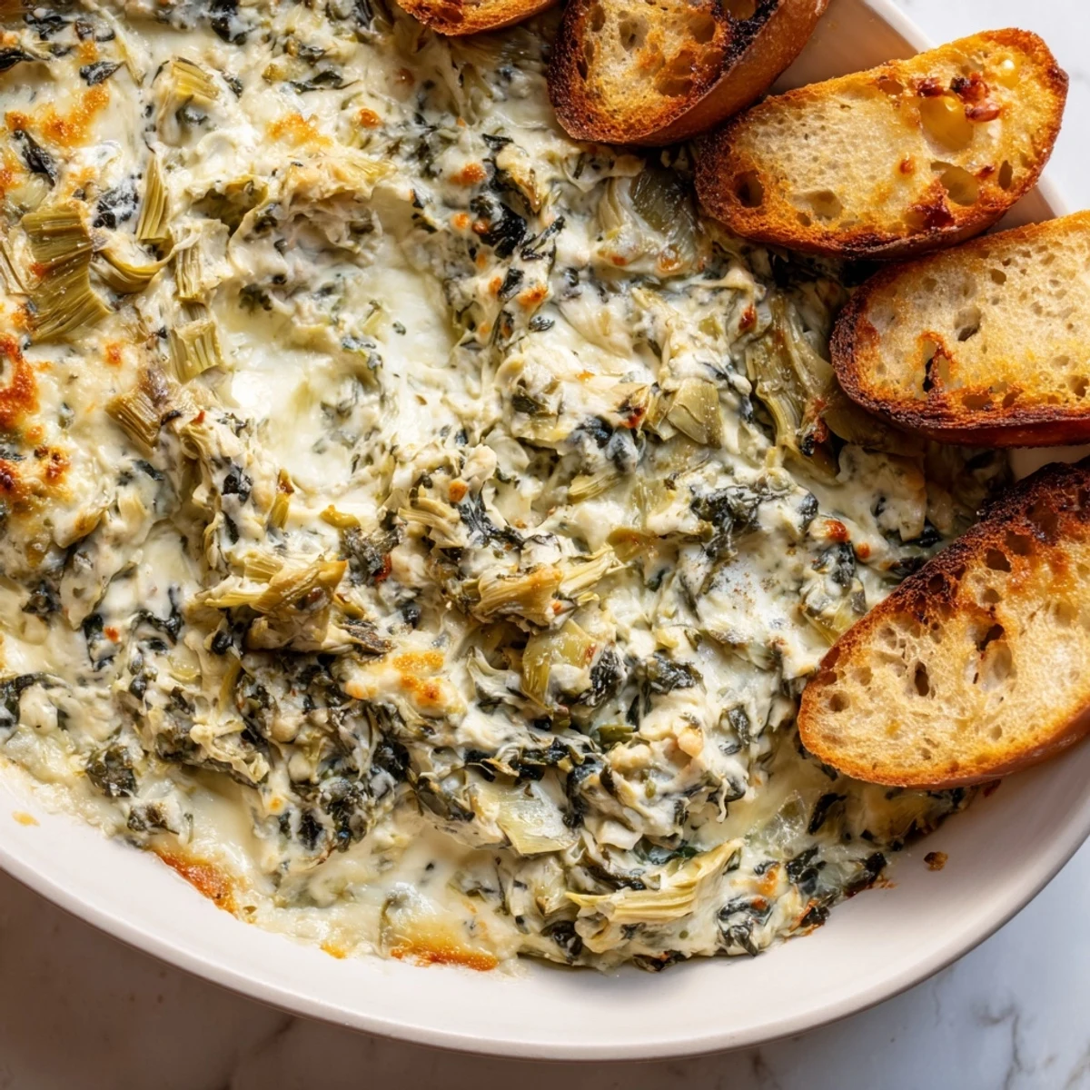 Creamy Spinach Artichoke Dip, fresh from the oven, ready to be scooped up with crusty bread.