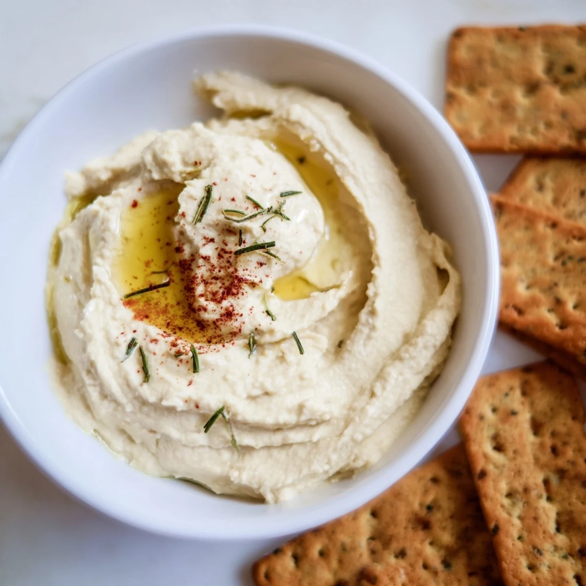 A festive party plate featuring Holiday Crackers, paired with smooth hummus, ready to serve.