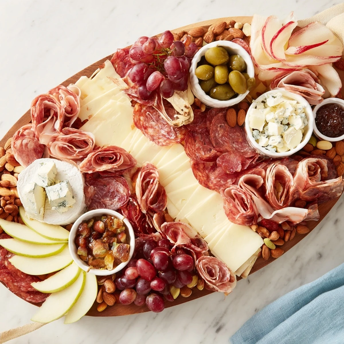 Elegant Gilded Edge cheese board: a vibrant presentation of cheeses, meats, fruits, and crackers, beautifully arranged.