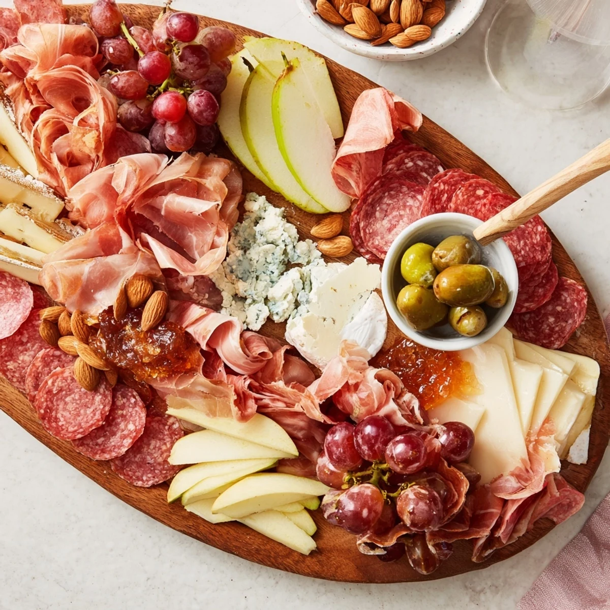 The Elegant Gilded Edge appetizer board features a ring of cheeses, meats, and fruits alongside crackers and jams.