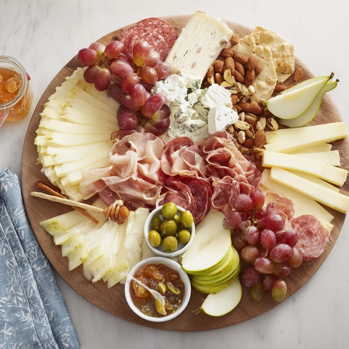 A festive Elegant Gilded Edge charcuterie board overflowing with cheeses, meats, and fresh and dried fruits for serving.