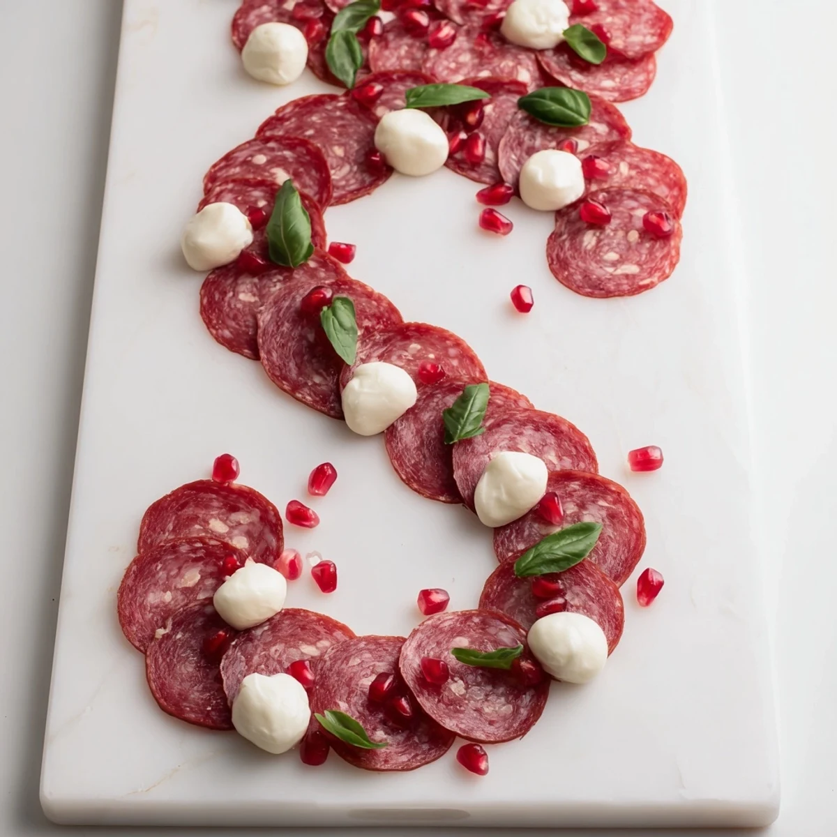A close-up of The Candy Cane Zigzag, a beautiful holiday appetizer with vibrant reds, whites, and touches of green.