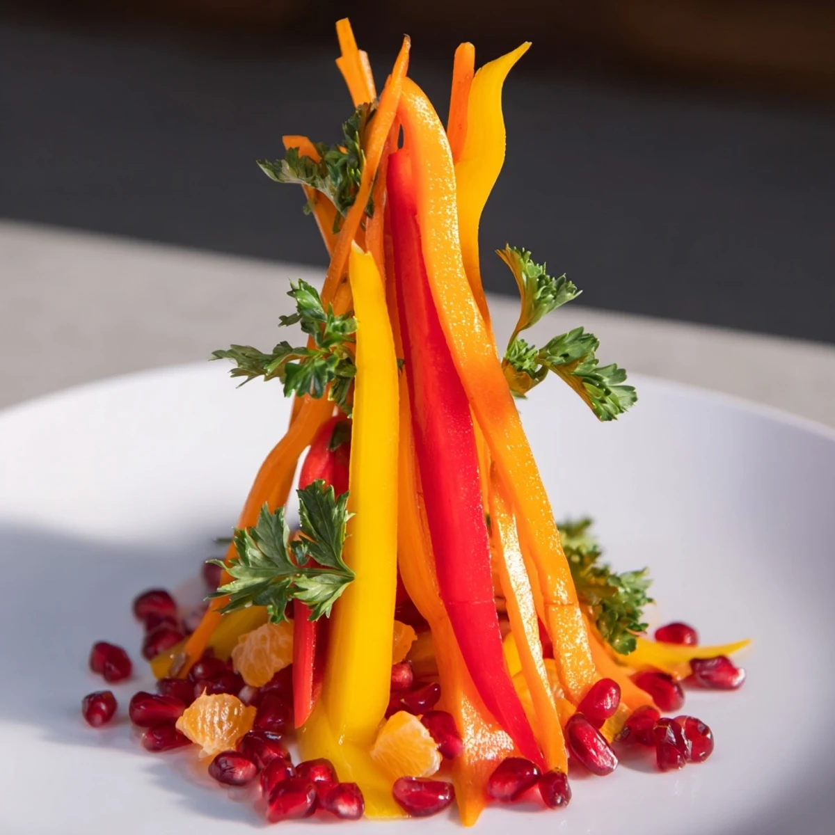 Bonfire Warmth Centerpiece: A vibrant, colorful display of carrots and peppers resembling a cozy bonfire.