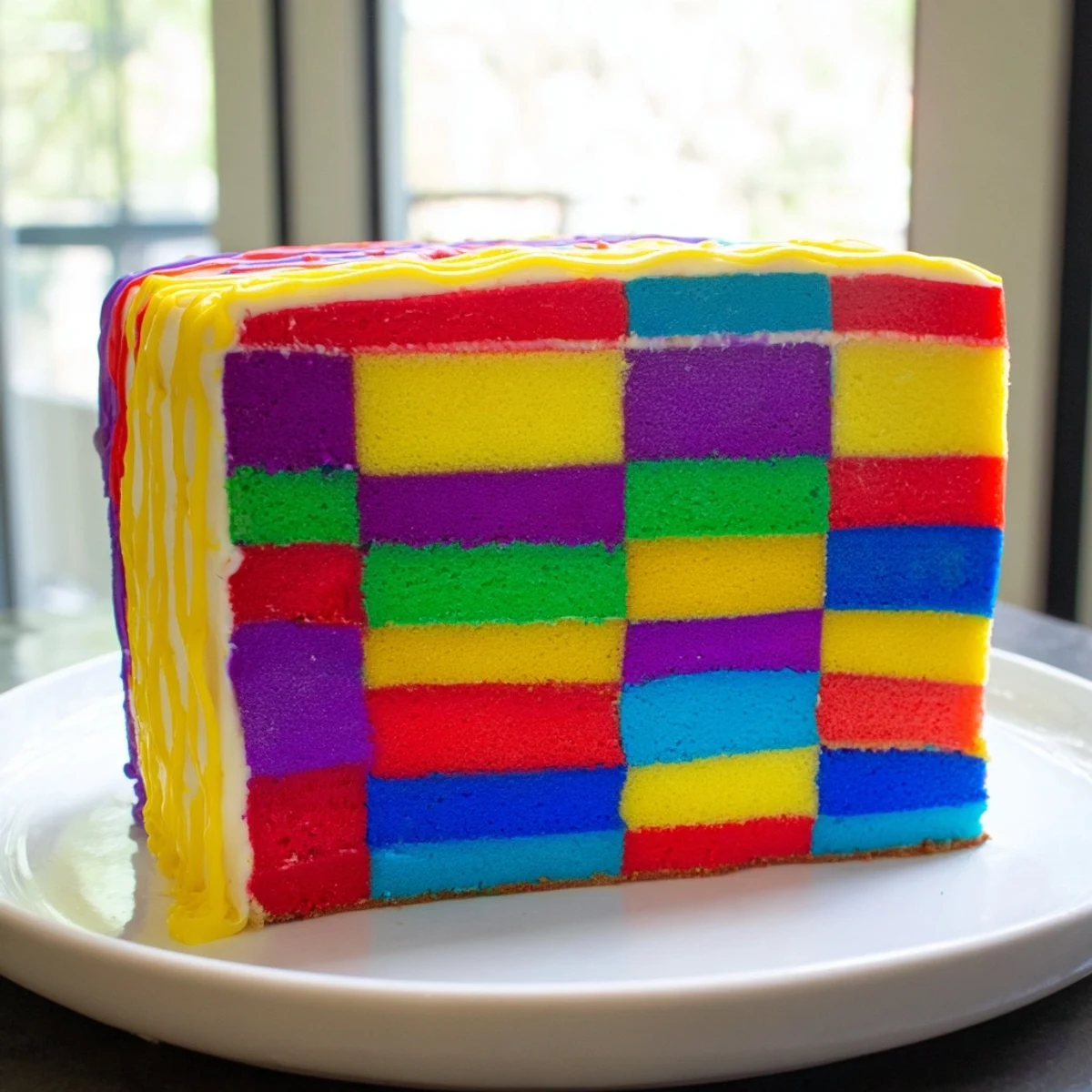 See the beautiful patchwork pattern—each square a different color—in this delicious Cozy Quilt Patchwork Cake.
