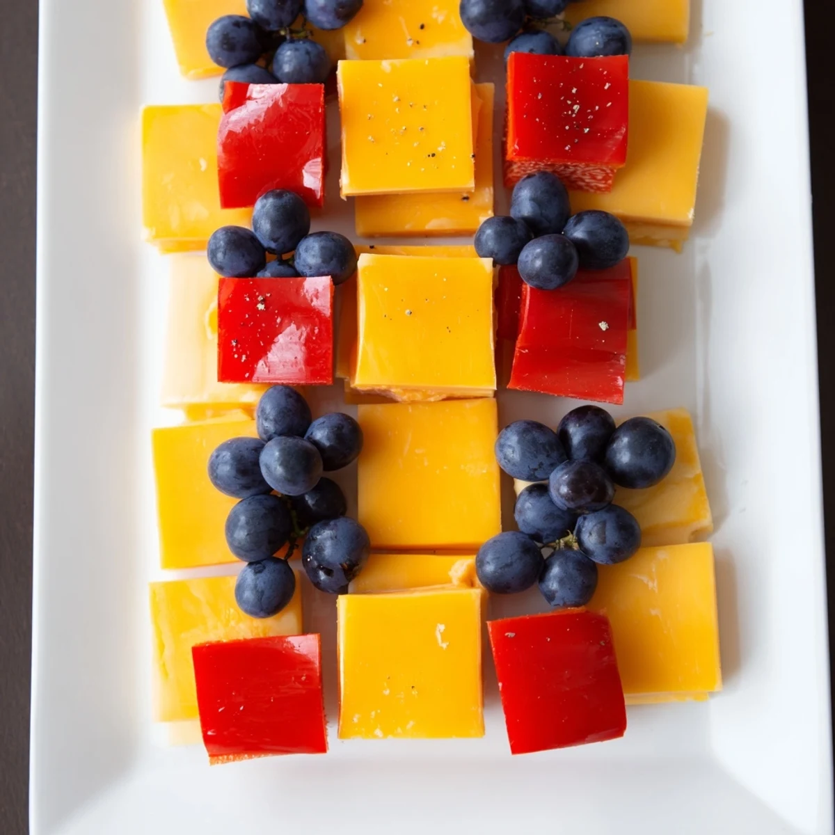 Visually appealing Bauhaus Block with cheese, grapes, and peppers, arranged like an artful appetizer.
