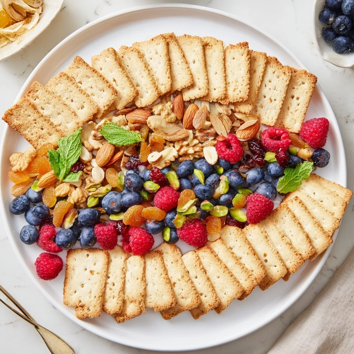 A delightful The Picket Fence appetizer showcasing vibrant berries, nuts, all encircled by crispy crackers.
