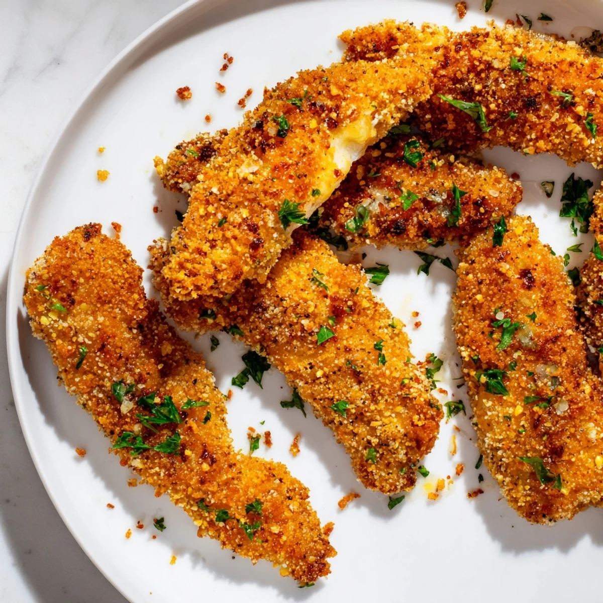 Enjoy freshly baked garlic Parmesan chicken tenders, fragrant with herbs, ready for a delicious bite.