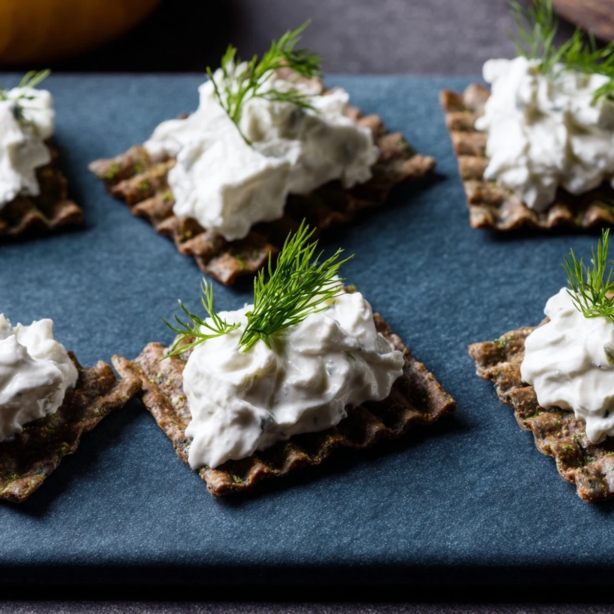 Golden goat cheese whitecaps crest on dark crackers in this easy Stormy Sea appetizer, ready to serve.