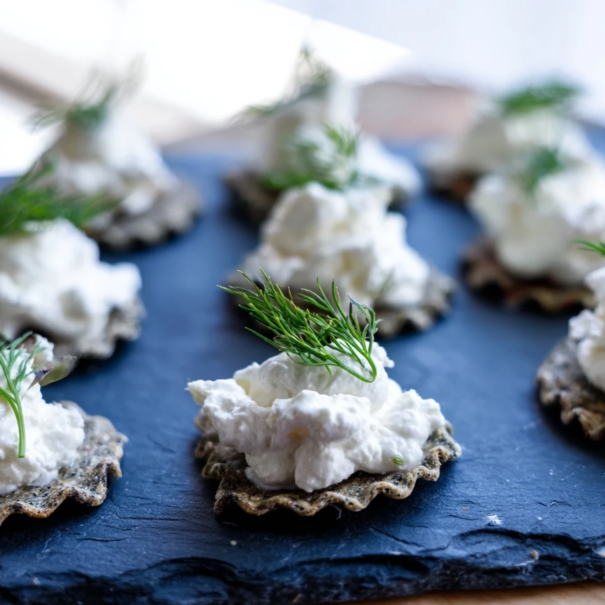 A gorgeous overhead shot shows a dark slate platter of The Stormy Sea appetizer with fluffy goat cheese "whitecaps.”