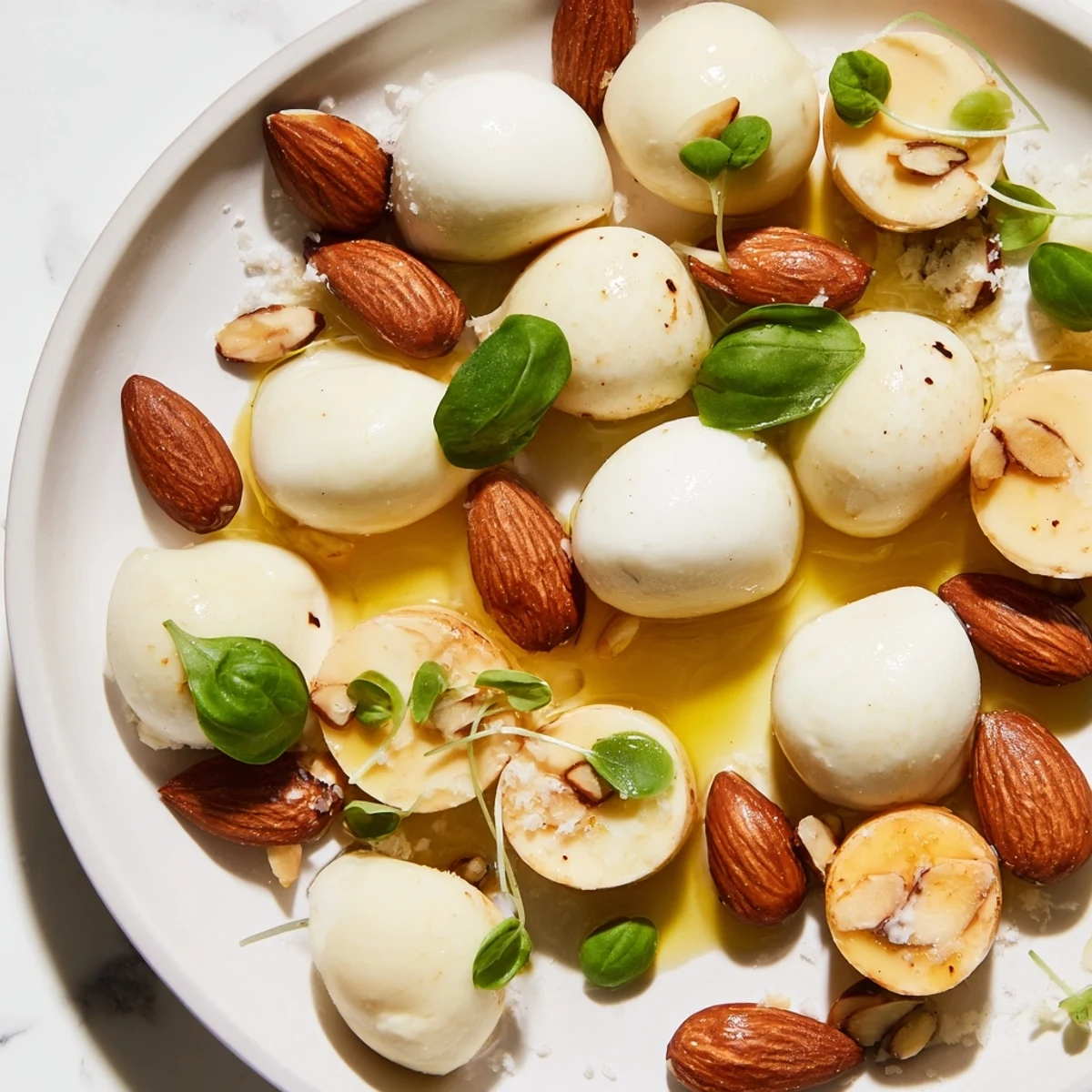 The Polished Pebble appetizer beautifully displays oval cheeses and toasty almonds, resembling a pebbled riverbed.
