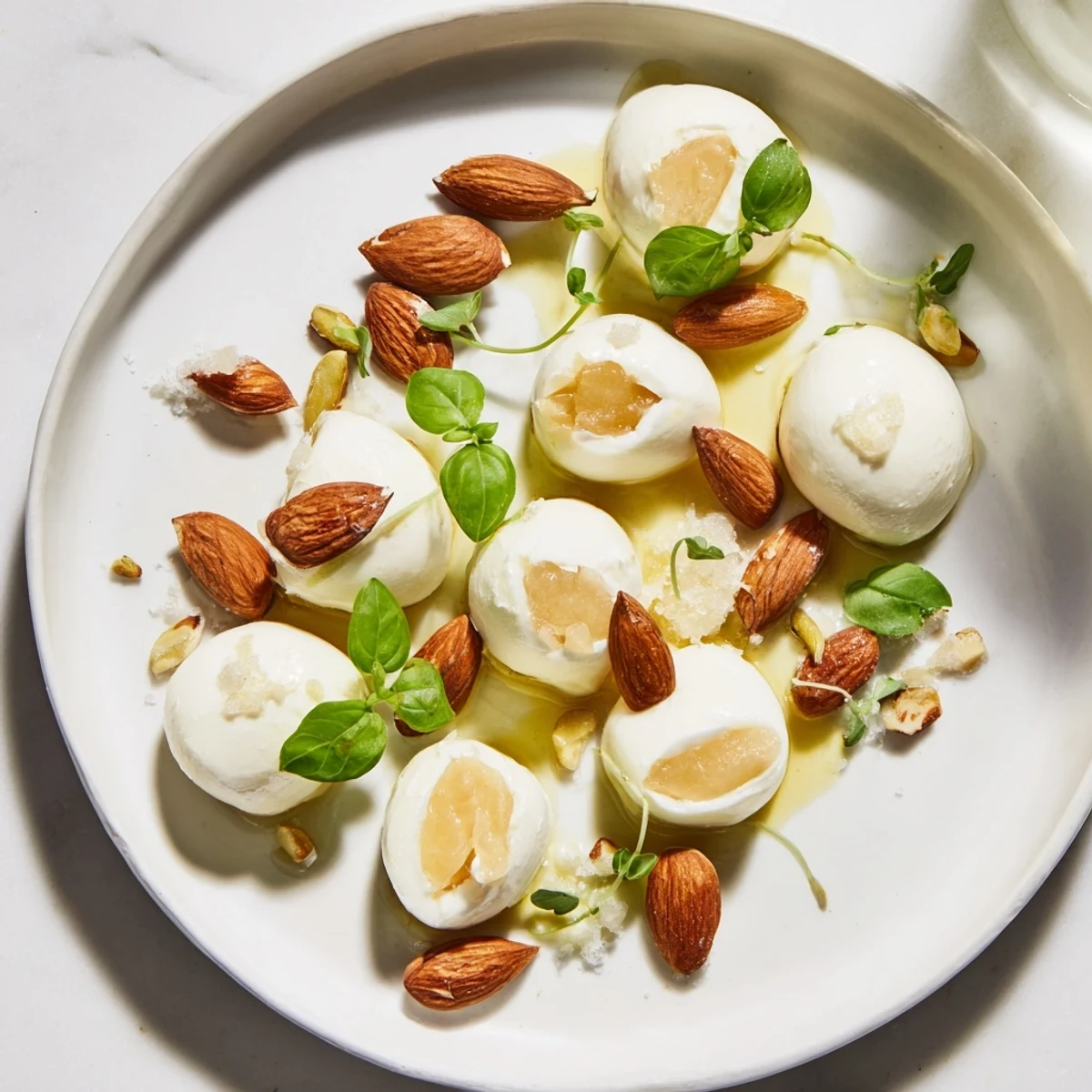 Vibrant photo showcases the whimsical arrangement of The Polished Pebble, with glistening olive oil hinting at deliciousness.