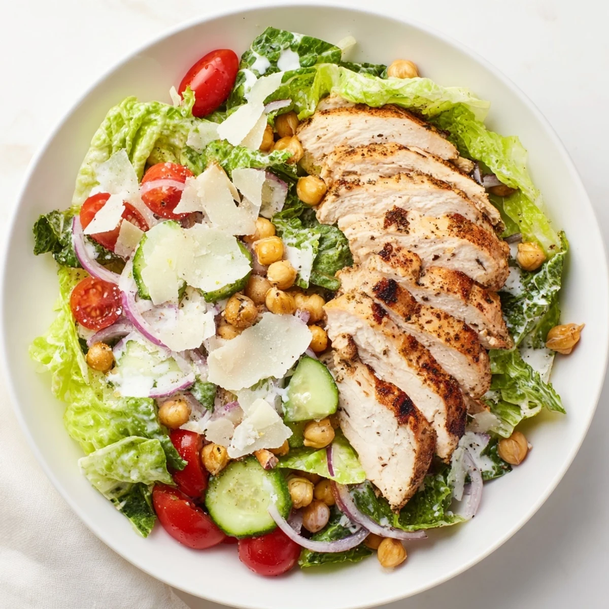 Grilled chicken Caesar Pasta-less Bowl with crisp romaine, creamy dressing, cherry tomatoes, and shaved Parmesan.