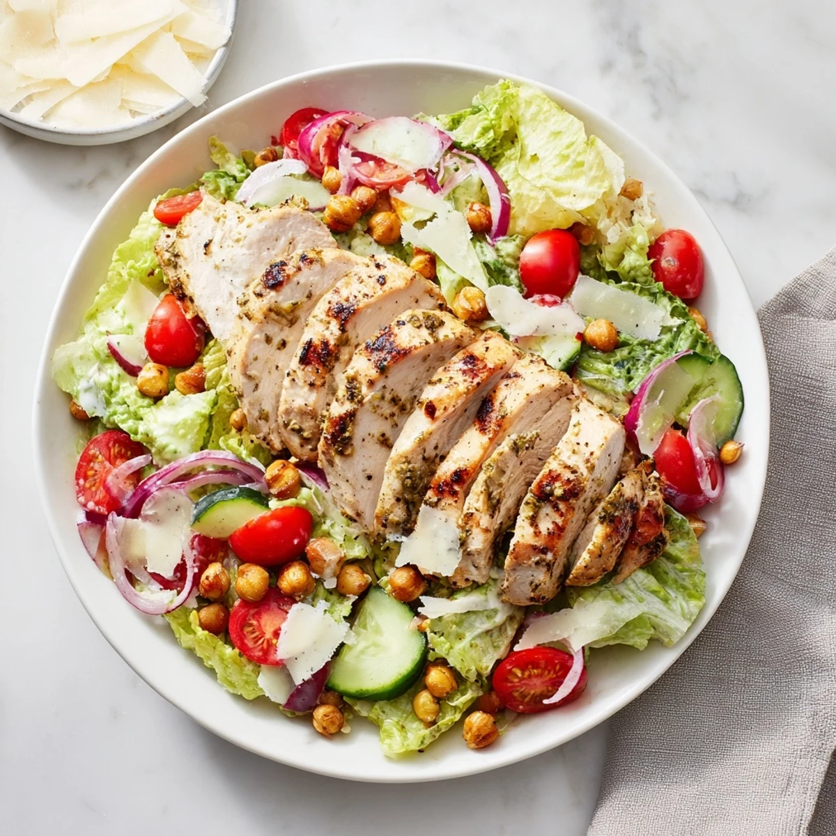 A close-up shot of a healthy Chicken Caesar Pasta-less Bowl, ready for a delicious, satisfying bite.