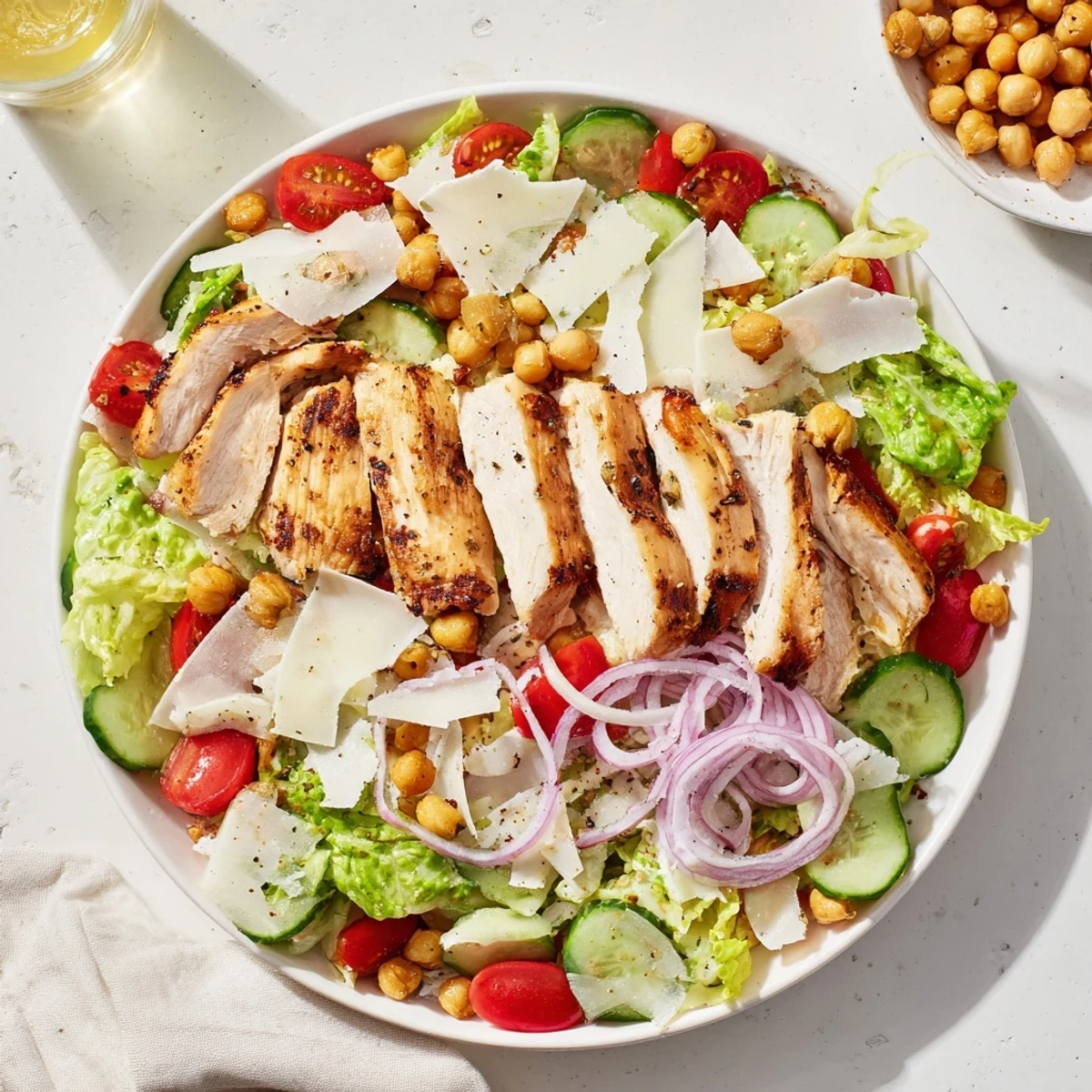 Vibrant image of a Chicken Caesar Pasta-less Bowl: grilled chicken atop a bed of fresh, chopped romaine.