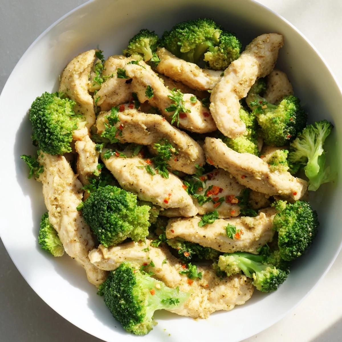 Tender Microwave-Steamed Chicken and Broccoli, a healthy lunch bursting with savory garlic and seasoned chicken.