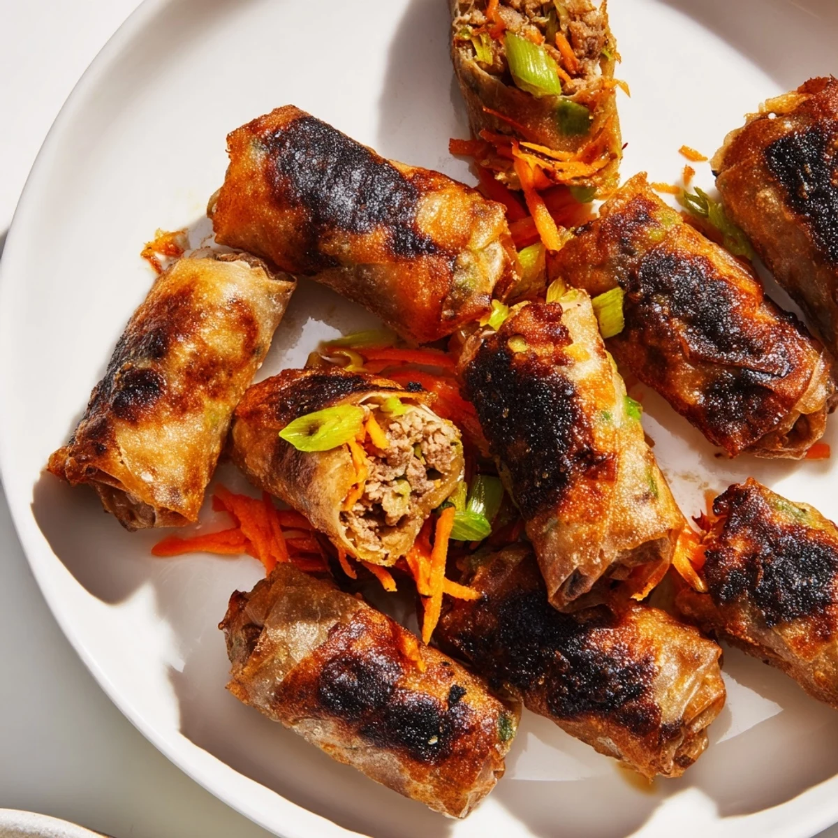 Close-up of freshly air-fried Chicken Lumpia Bites, showcasing a perfect golden brown color and texture.