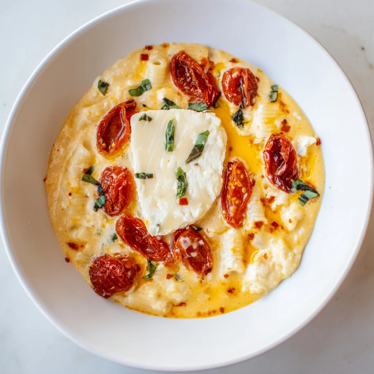 Golden, bubbly Four-Cheese Baked Block Pasta with melted cheese and bursting roasted tomatoes, ready to serve.