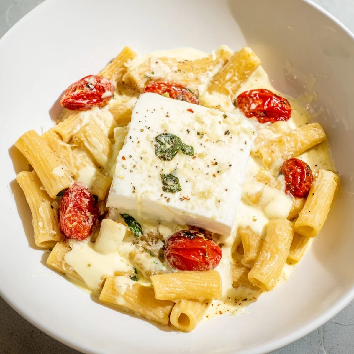 A close-up of a cheesy, creamy Four-Cheese Baked Block Pasta, a perfect vegetarian Italian-American comfort food.
