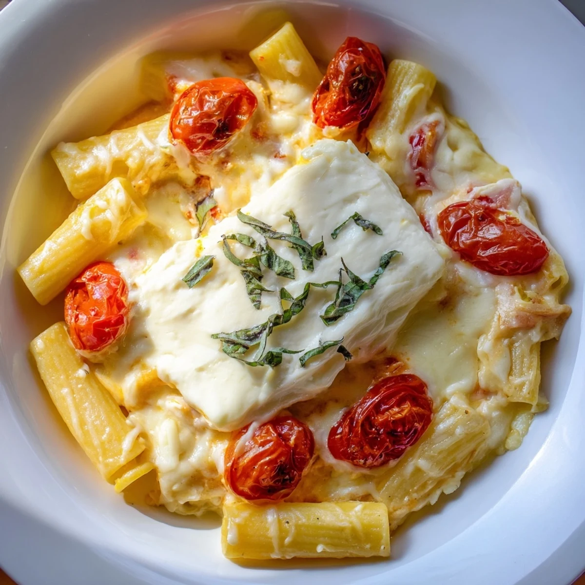 Fragrant and flavorful Four-Cheese Baked Block Pasta, topped with fresh basil and served with crusty bread.