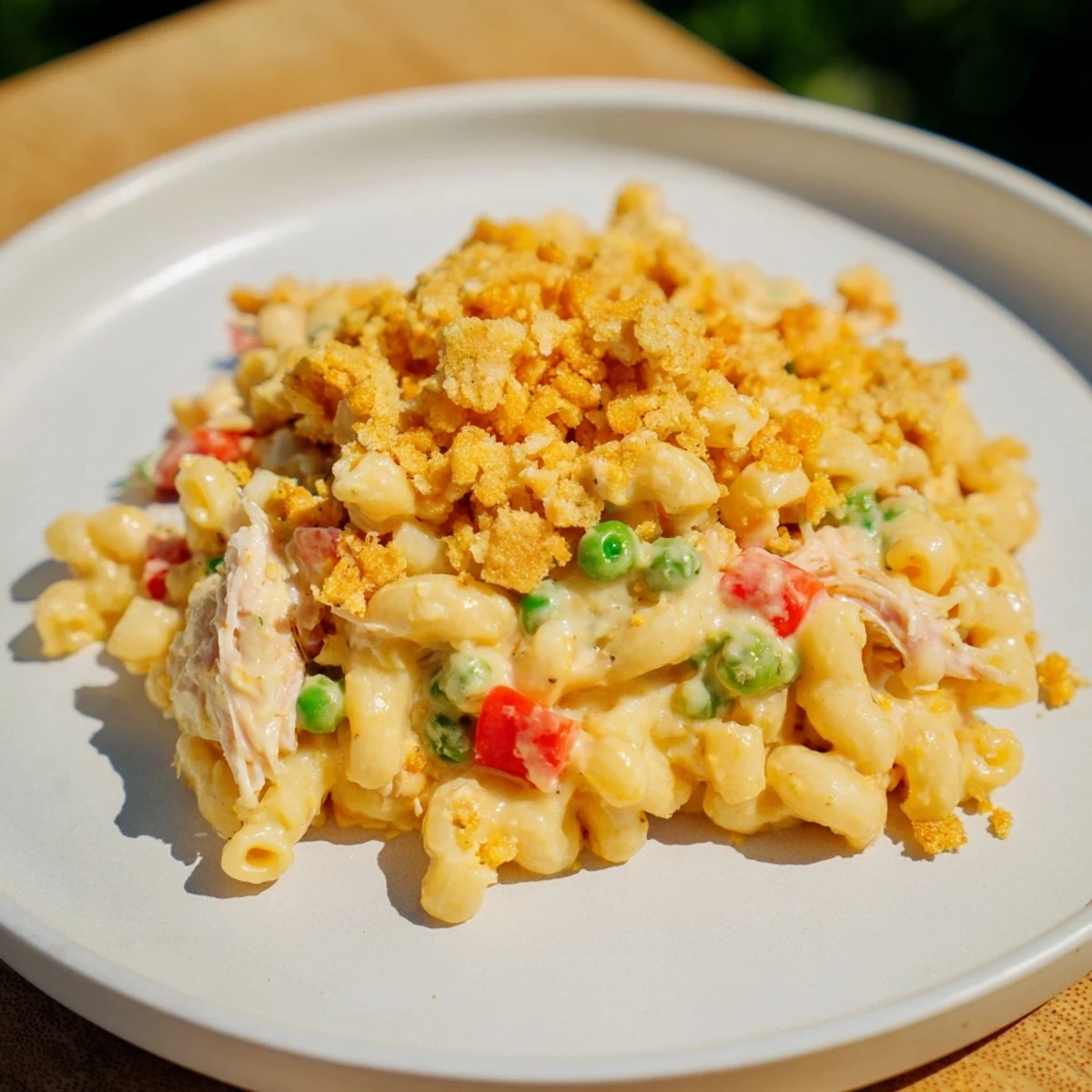 Creamy Chicken Macaroni Southern Style, bubbling hot with melted cheese, offers a comforting, savory aroma.