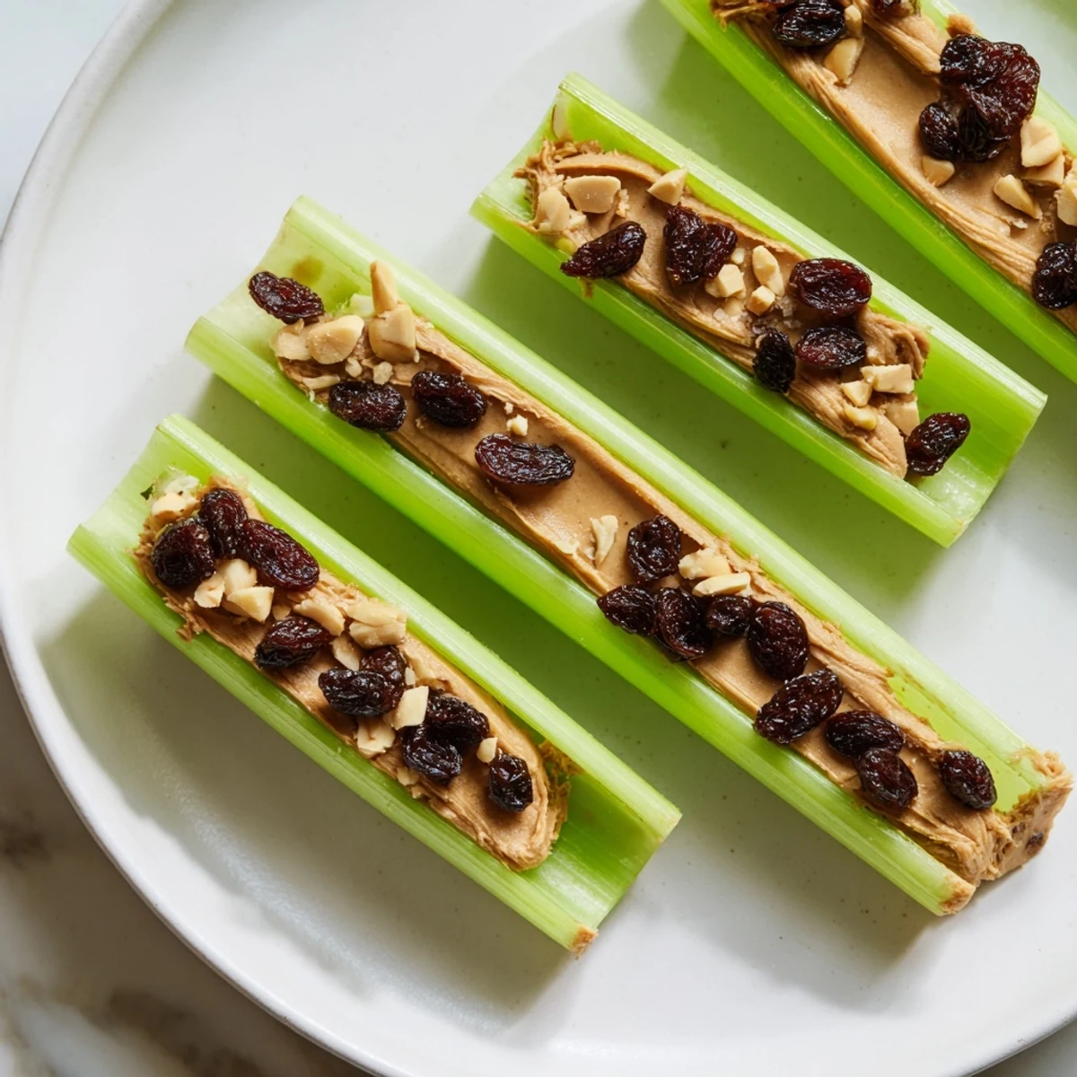 Freshly assembled peanut butter celery sticks, showing a close-up of the easy, healthy snack.