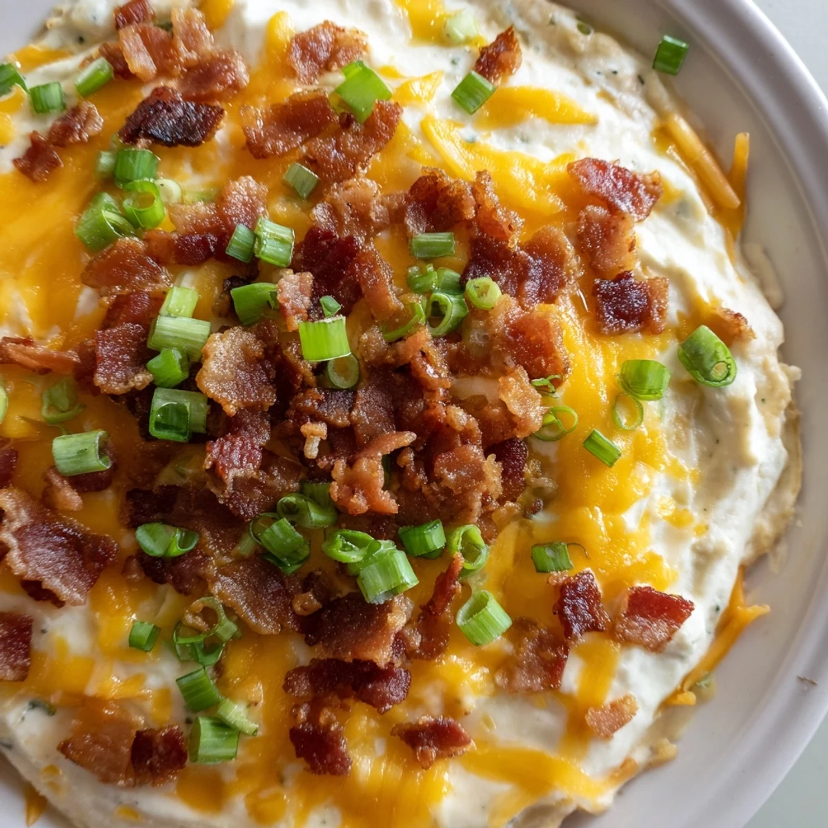 A warm Cheesy Bacon Ranch Dip, bubbling with melted cheese and crispy bacon, perfect for dipping.