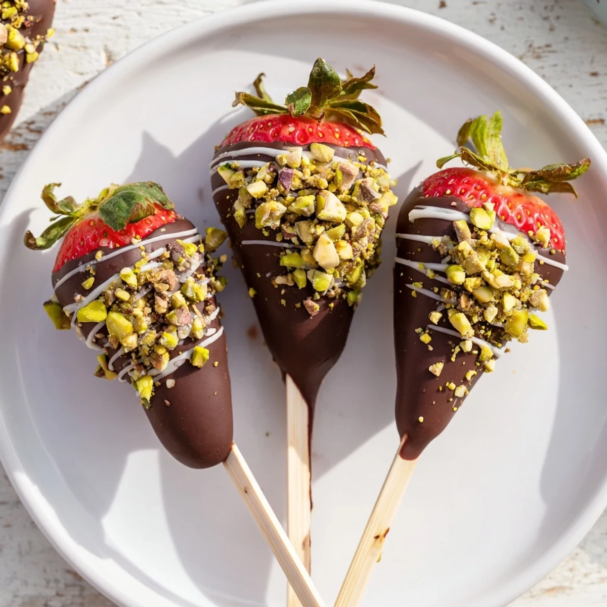 Beautiful, chocolate-dipped strawberry skewers glistening, ready to eat with vibrant red berries.