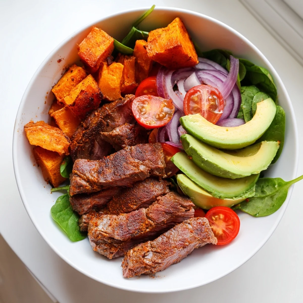 Beef Avocado Sweet Potato Bowl with tender beef, creamy avocado, and roasted sweet potatoes arranged beautifully.