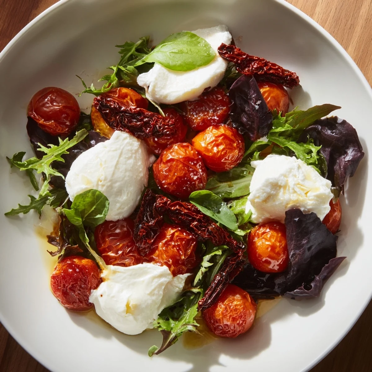 Tomato Flight Salad features roasted tomatoes, creamy burrata, and fresh basil atop mixed greens.