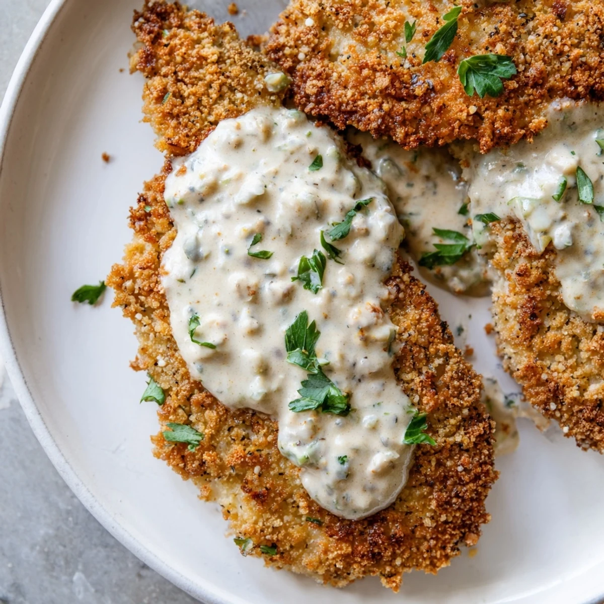 Delicious crispy chicken with garlic cream sauce, glistening and plated with fresh parsley.
