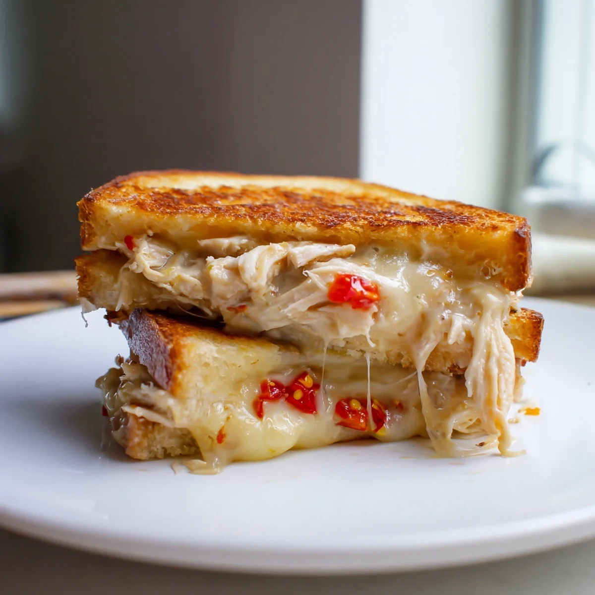 Golden-brown Chili Crisp Honey Chicken Grilled Cheese oozes melted cheese, ready to enjoy.