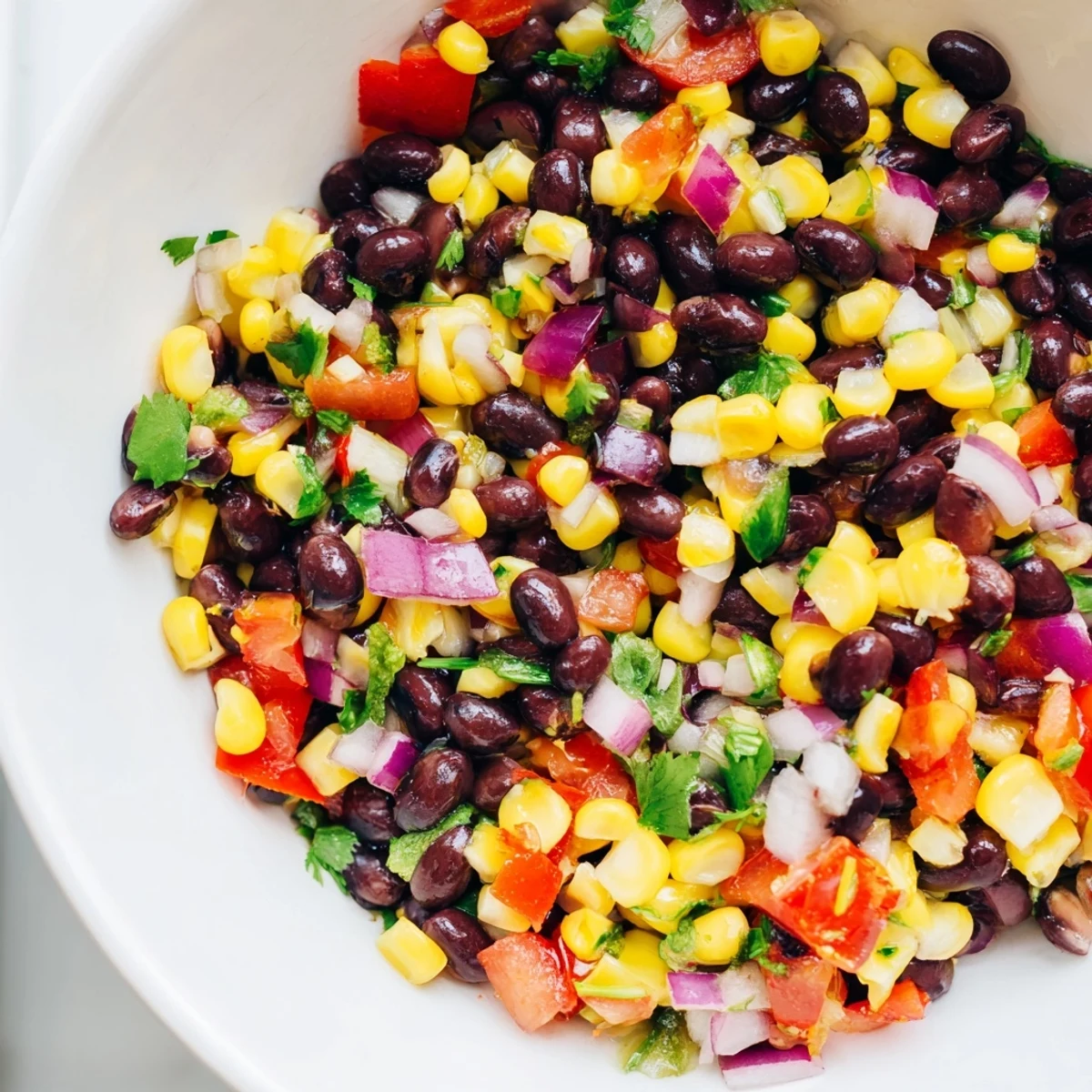 A bright, refreshing side of Cowboy Caviar Salad with visible colorful vegetables in a lime dressing.