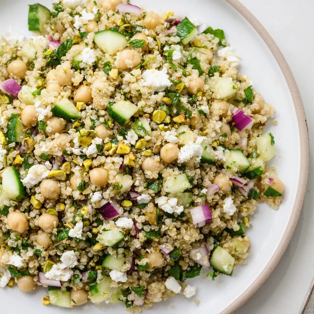 A refreshing bowl of Jennifer Aniston Salad, featuring bright cucumbers and crumbled feta cheese.
