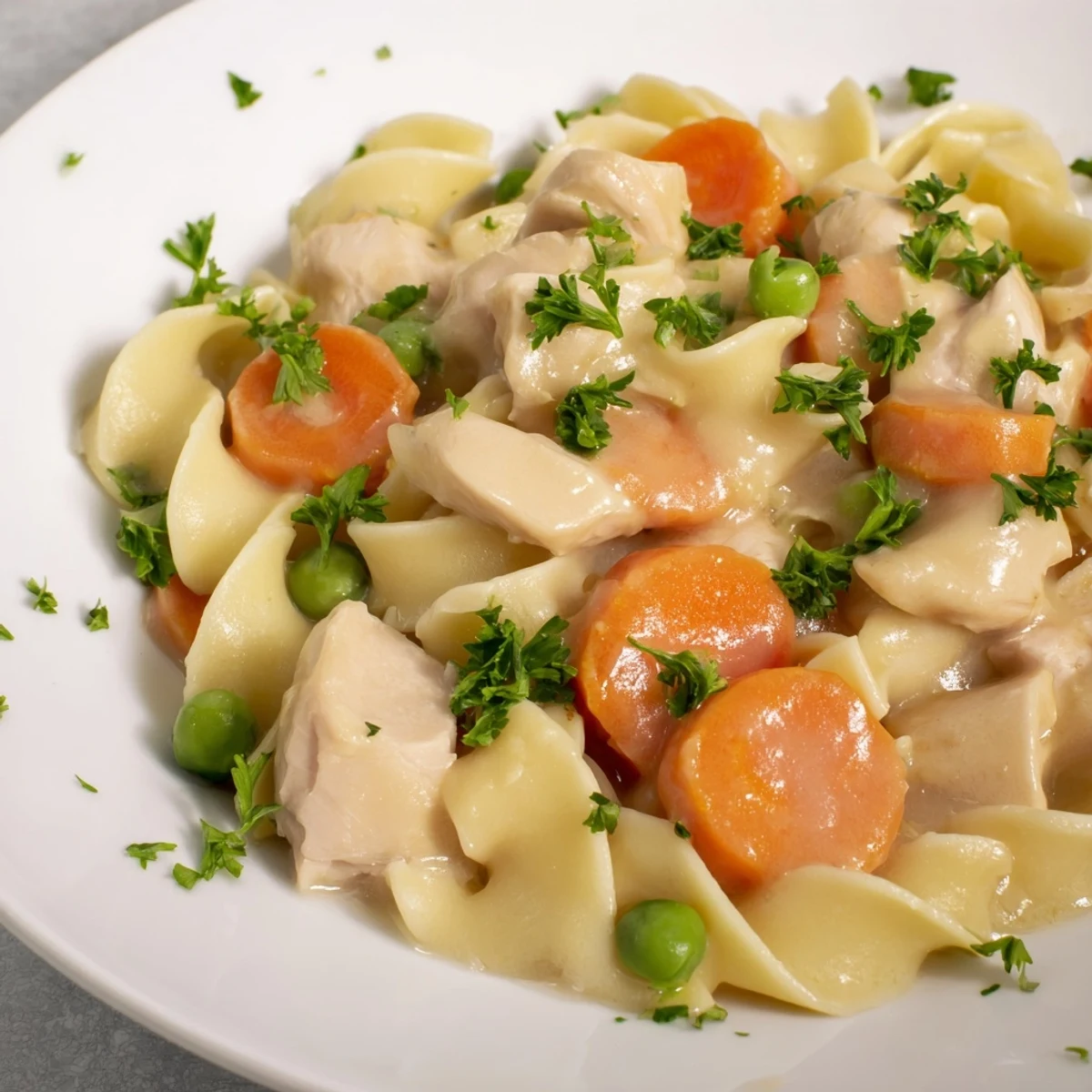Steaming Creamy Chicken and Egg Noodles with herbs, chicken and vegetables, ready to serve on plate.