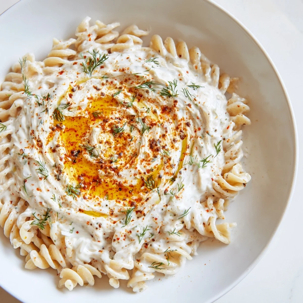Creamy Turkish Yogurt Pasta, swirled with garlic-infused yogurt and vibrant red spiced butter.