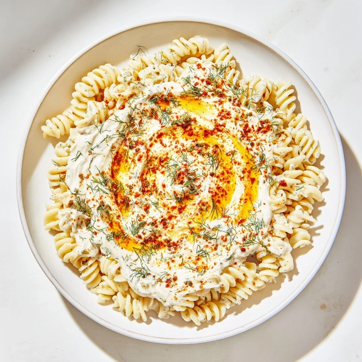 A generous bowl of Turkish Yogurt Pasta, with fusilli pasta coated in creamy yogurt sauce.