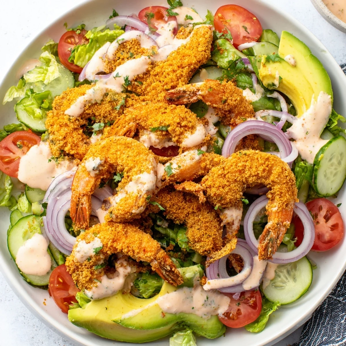 Golden, crispy fried Spicy Crispy Shrimp Salad pieces on top of vibrant fresh greens, ready to enjoy.