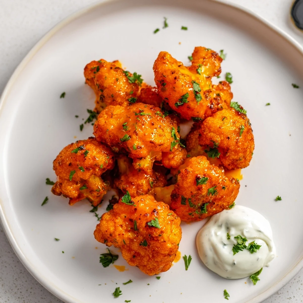 Hot and saucy, the Buffalo Cauliflower Bites are arranged on a baking sheet, ready to devour.