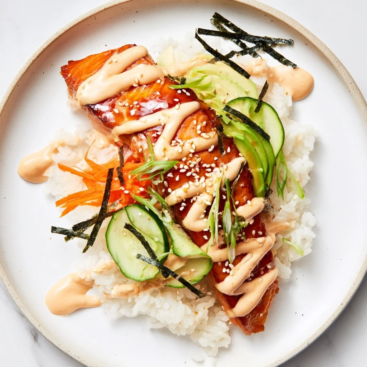 Golden teriyaki salmon rice bowl, glistening with a rich teriyaki glaze, is ready to be devoured.
