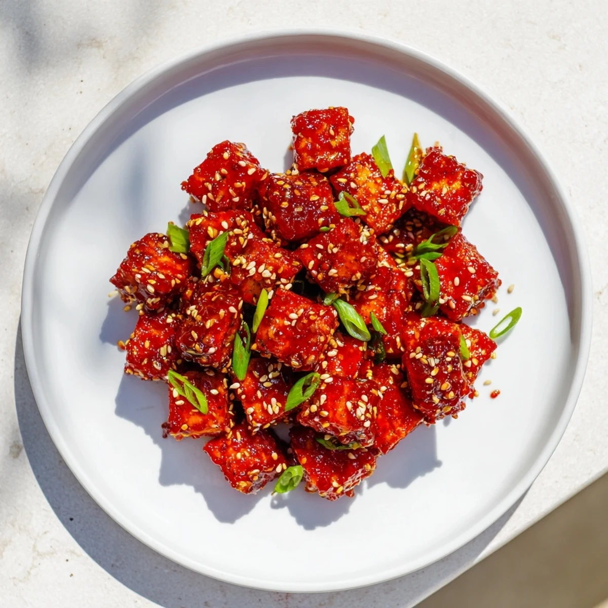 Golden, bite-sized Honey Gochujang Tofu, lightly coated, showing a delicious, sticky glaze.