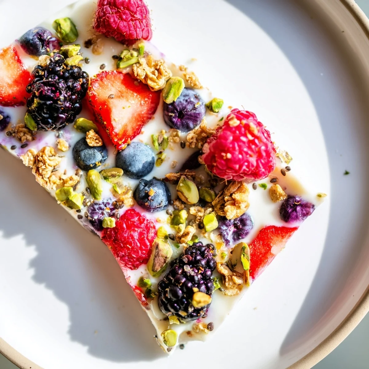 A close-up of a delicious frozen fruit yogurt bark, perfect for a quick, healthy snack anytime.