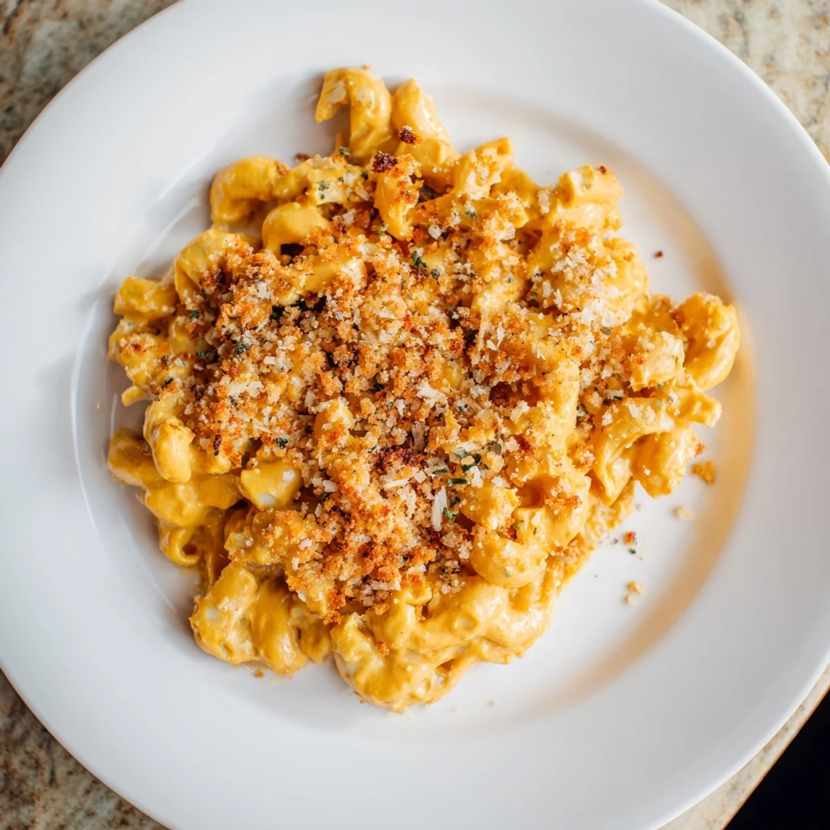 Warm bowl of pumpkin mac & cheese, topped with crispy breadcrumbs, a beautiful vegetarian main course.